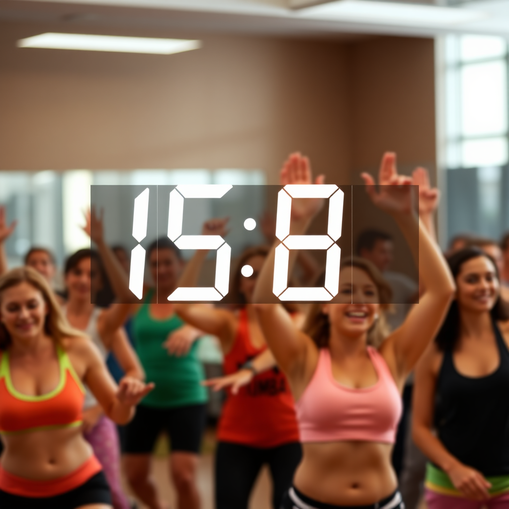 A photorealistic image of a calorie counter displaying a high number, superimposed over a scene of people joyfully dancing in a Zumba class. The calorie counter should be clearly visible and easily readable, but not distracting from the overall image. The lighting should be bright and motivational, emphasizing the positive energy of the class. Style: Motivational, informative, and visually appealing. Technical specs: 4K resolution, clear and crisp details, focus on capturing the energy of the class.