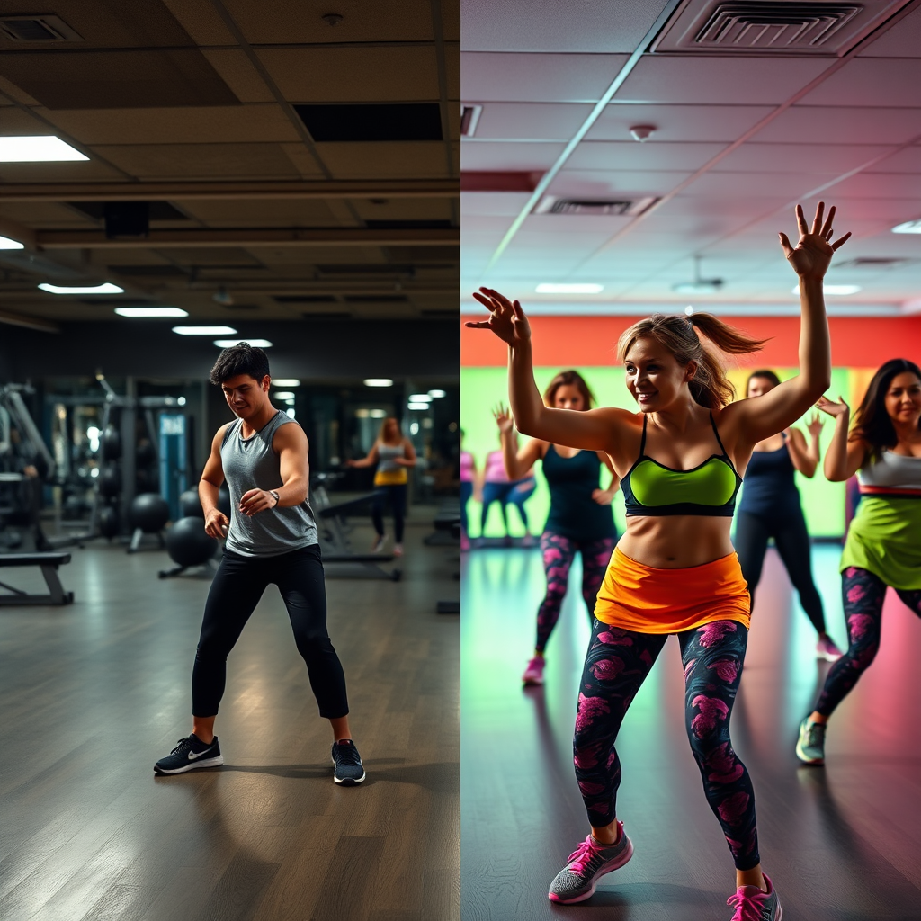 A split-screen image showing a dull, monotonous gym workout on one side and a vibrant, energetic Zumba class on the other. The contrast between the two should be stark, highlighting the fun and excitement of Zumba compared to traditional exercise. The lighting should be drab and uninspiring on the gym side and bright and cheerful on the Zumba side. Style: Comparative, humorous, and visually engaging. Technical specs: 4K resolution, high contrast, focus on capturing the emotional difference between the two activities.