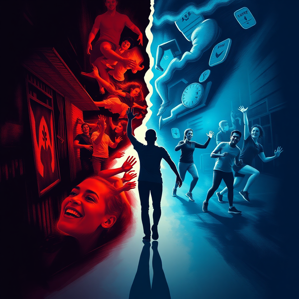 A stylized image of a person transitioning from a chaotic, stressful environment to a serene and joyful Zumba class. Use contrasting colors and imagery to represent the shift in mood and energy. The stressful environment could be depicted with dark, muted colors and sharp angles, while the Zumba class could be depicted with bright, vibrant colors and flowing lines. Style: Symbolic, transformative, and visually compelling. Technical specs: 4K resolution, high contrast, focus on creating a sense of release and rejuvenation.