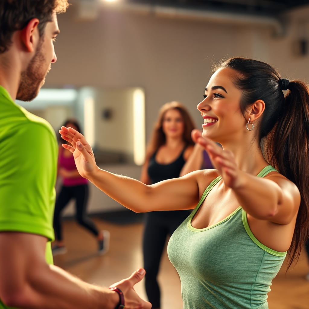 An image depicting a one-on-one Zumba session with a personal trainer, focusing on customized workout routines and personalized attention. The lighting should be supportive and encouraging, emphasizing the trainer's guidance and the client's progress. Style: Personalized, supportive, and visually appealing. Technical specs: 4K resolution, close-up shot, focus on capturing the interaction between the trainer and the client.